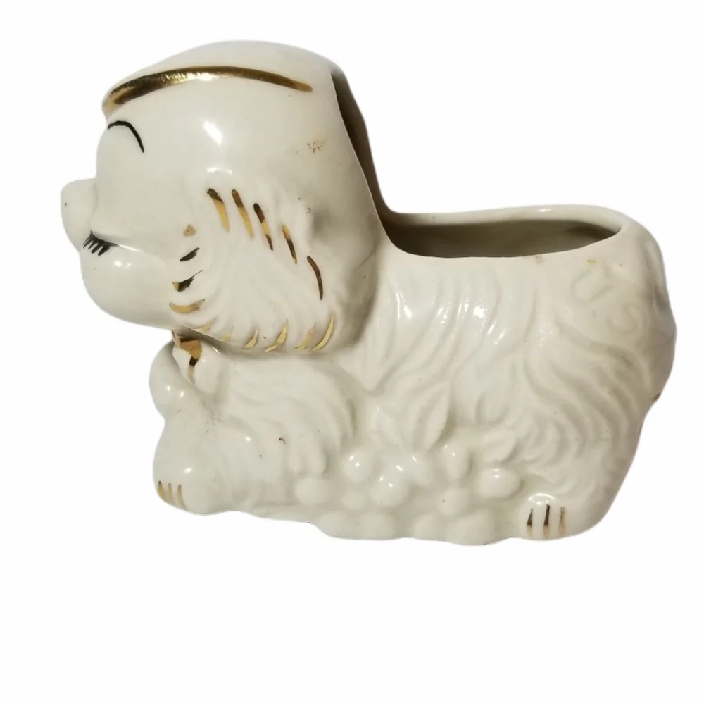 Vintage White ceramic puppy planter gold trim